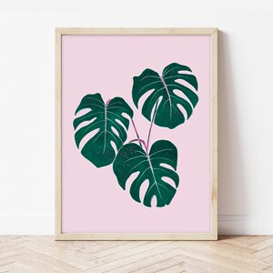 Pink monstera art print, botanical bathroom, bedroom or living room wall art, gallery wall decor, A5/A4/A3/A2/8x10/5x7 sizes