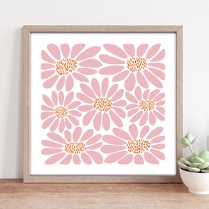 Retro daisies square wall art print, pink floral pattern, colourful bedroom decor, abstract bathroom wall art, unframed square prints