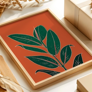 Rostorange botaniskt gummiväxttryck, väggkonst för sovrum, vardagsrum eller kontorsinredning, A5, A4 eller A3 boho gallerivägg bild 2