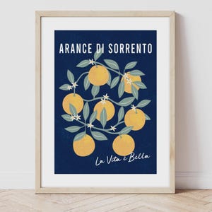 May include: A framed wall art print featuring a dark blue background with yellow oranges, green leaves, and white blossoms. The text ARANCE DI SORRENTO is printed in white at the top, and the text La Vita &egrave; Bella is printed in white at the bottom.