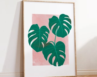 Monstera plant illustration, botanical wall art, A2, A3 or A4 print, green toilet or bathroom art, living room artwork or office decor