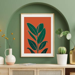 Rust orange botanical rubber plant print, wall art for bedroom, living room or office decor, A5, A4 or A3 boho gallery wall picture image 9