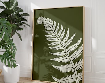 Olive Green Wall Art, Minimalist Fern Print, Botanical Home Decor
