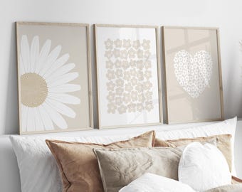 Neutral Floral Wall Art, Set of 3 Beige Daisy Flower Prints