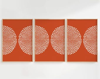 Burnt Orange Abstract Wall Art Set of 3, Modern Geometric Dot Prints, Contemporary Decor