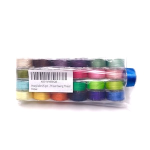 May include: A clear plastic bag filled with 25 spools of colorful sewing thread. The spools are arranged in rows and are labeled "PeavyTailor 25 pcs... Thread Sewing Thread New". The barcode on the bag reads "X001VNB8QB".