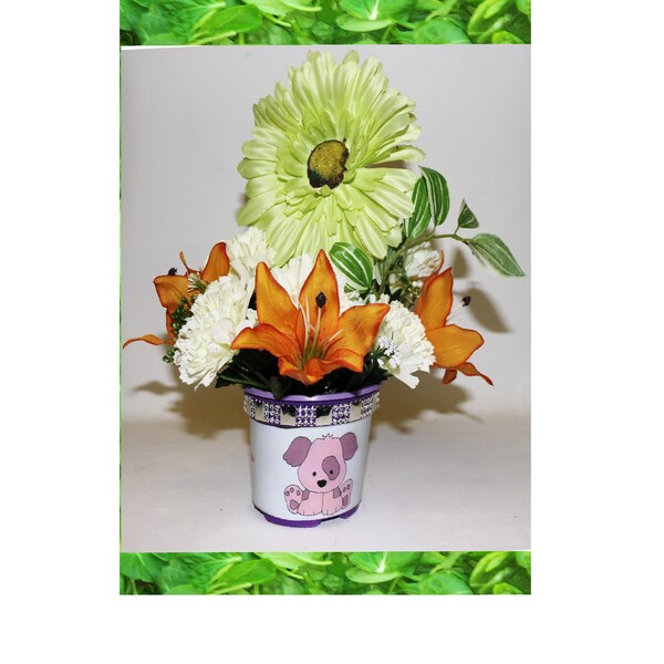 Green & Orange flower display with Cute Puppy