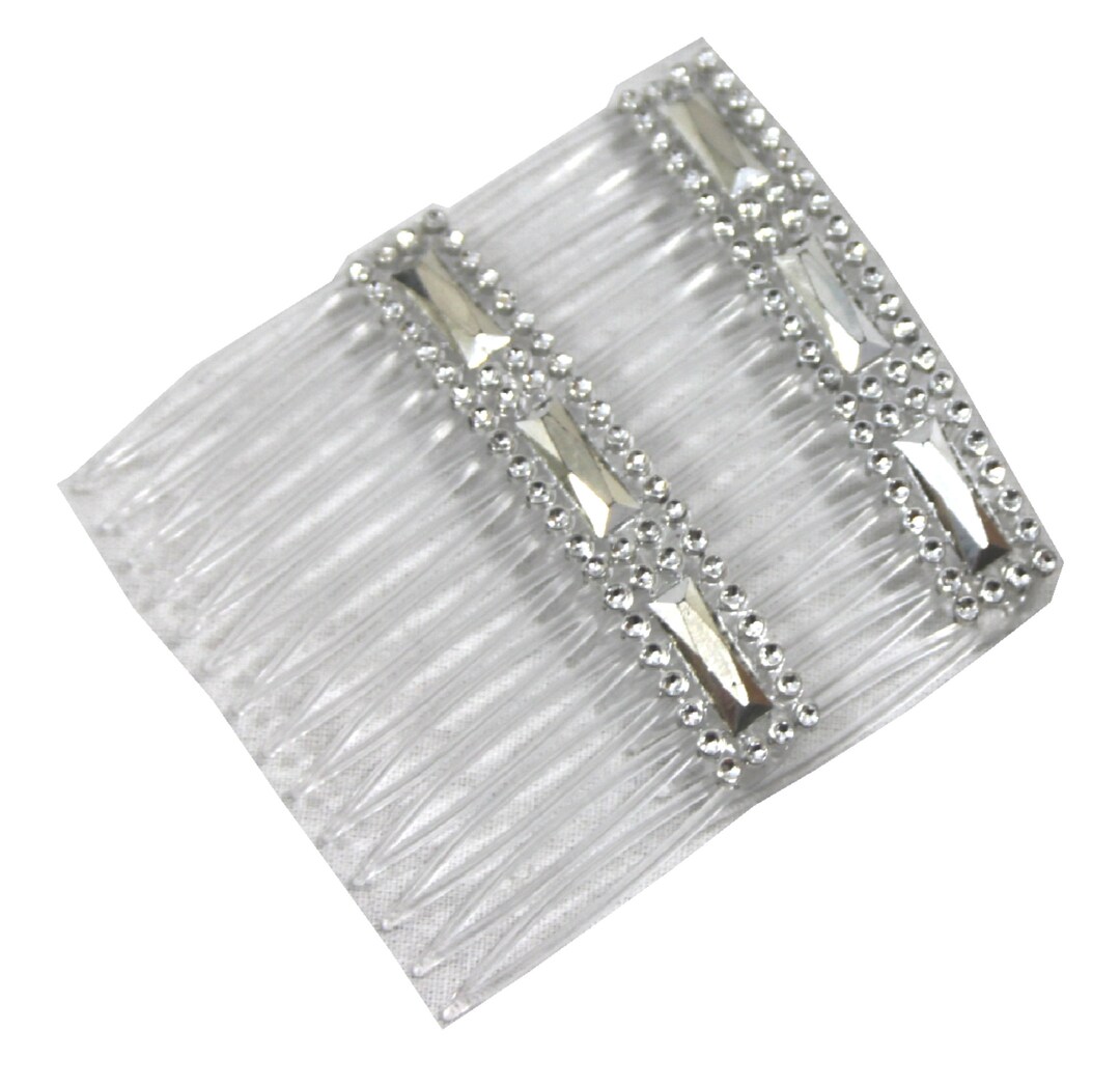 2 Clear Grip Hair Combs Slides 7cm With Silver & Diamontie Diamante