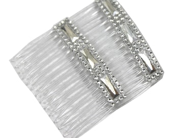 2 Clear Grip Hair Combs Slides 7cm with silver & Diamontie Diamante effect