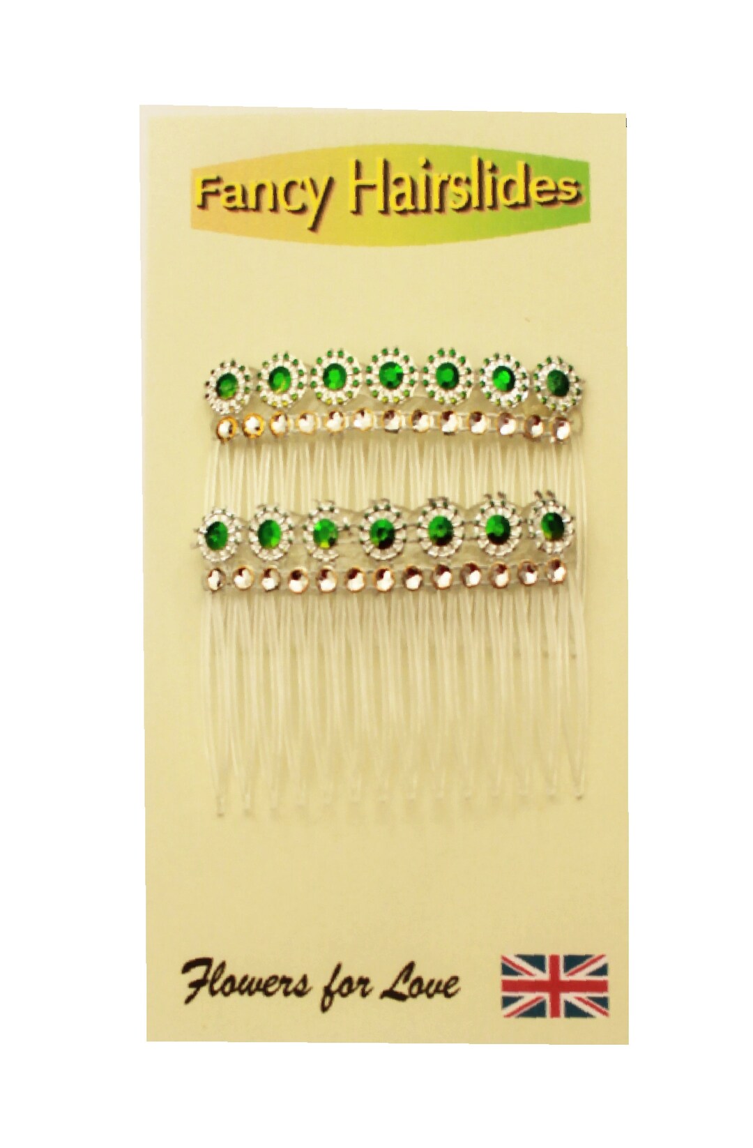 2 Pack of Clear Grip Hair Combs Slides 7cm With Emerald Green Centres