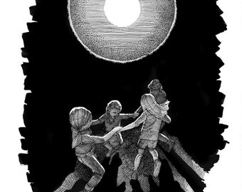 Ring around the Rosie - Black and white print of children under the moon