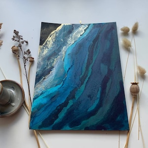 DIN A4 original alcohol ink art, alcohol ink poster black petrol gold turquoise sea beach