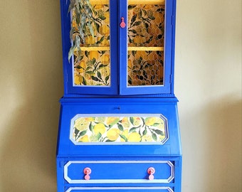 upcycling vintage Sekretär, Kolonial Stil Schreibtisch, retro Schrank, blau, Zitronen, mexiko