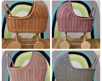 AANPASBARE handgemaakte poppenwagen van natuurlijk rieten rotan, kies je beddengoed! Houten poppenwagen, speelgoedkinderwagen, kinderwagen, 1e verjaardag