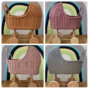 CUSTOMISABLE Handmade Natural Wicker Rattan Dolls Pram, Choose your Bedding! Wooden Doll Pram, Toy Pram  , Buggy Stroller, 1st Birthday gift