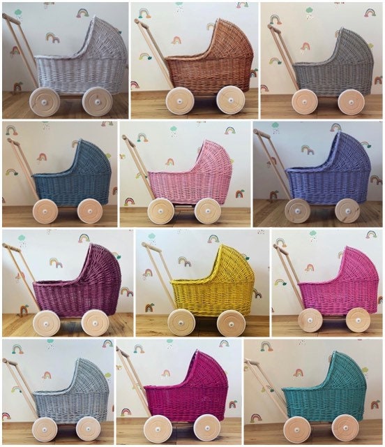 AANPASBARE handgemaakte poppenwagen van natuurlijk rieten rotan, kies je beddengoed! Houten poppenwagen, speelgoedkinderwagen, kinderwagen, 1e verjaardag