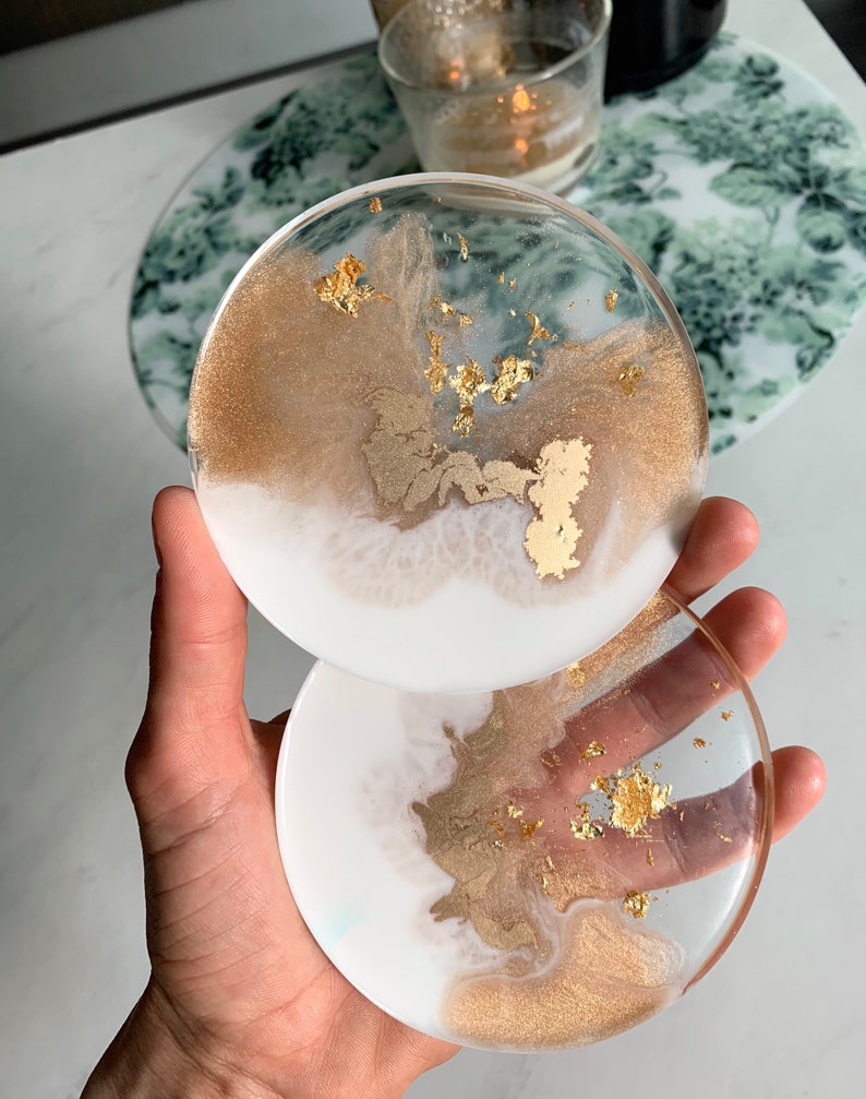 Set of Gold and White Resin Coasters Etsy