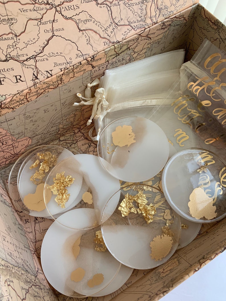Set of Gold and White Resin Coasters Etsy
