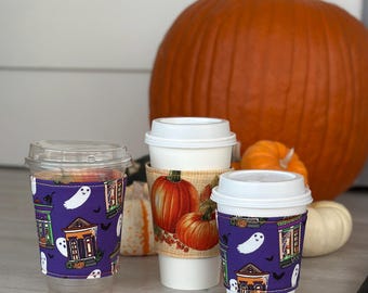 Reversible Fall Season Coffee Sleeves | Reversible Halloween Coffee Sleeves | Hot or Cold Coffee Sleeves