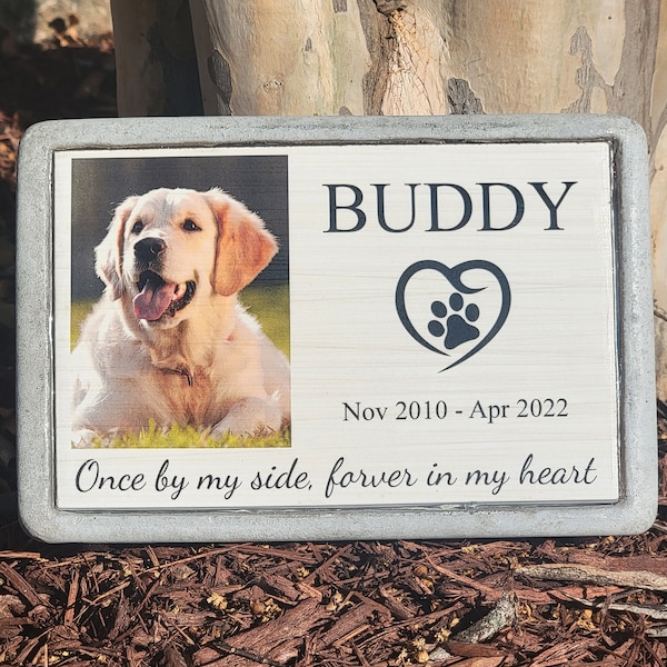 Dog Memorial Stone with Custom Photo | UV Resistant for Outdoors or Indoors | Engraved Pet Grave Marker | Pet Headstone | Pet Loss Gift