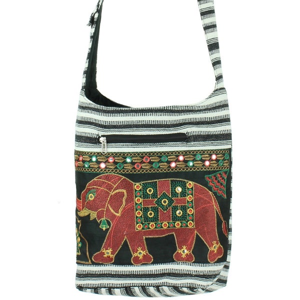Embroidered Black White Stripe Indian Elephant Canvas Sling Crossbody Shoulder Bag Mirrored Lined Soft Cotton Zip Boho Hippie Hobo Men Women