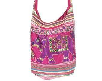 Embroidered Pink Stripe Indian Elephant Canvas Sling Crossbody Shoulder Bag Mirrored Lined Soft Cotton Zip Boho Hippie Hobo Men Women