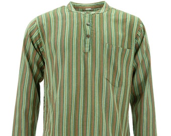 Chemise à col grand-père en coton à rayures rouges et vertes légère Kurta rayée pour hommes sans col à manches longues coupe régulière avec poche à boutons