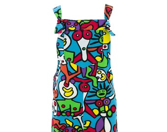 Loud Originals Tiffy Blue Chic Tea Shift Dungaree Summer Dress Bold Print Abstract Pattern Limited Edition Ladies Women