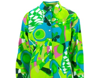 Loud Originals Classic Rayon Ladies Shirt Bright Print Button Front Long Sleeve Women's Blouse Green Pink Blue Psychedelic - Limited Edition