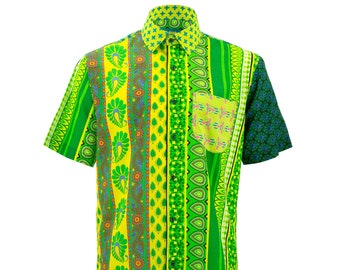 Loud Originals Green Random Mixed Panel Regular Fit Short Sleeve Men's Shirt Bold Colourful Print Funky Bright Floral Psychedelic Pattern