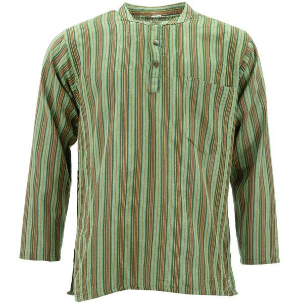 Green Red Stripe Cotton Grandad Collar Shirt Lightweight Kurta Striped Mens Collarless Long Sleeve Regular fit with Buttons Pocket