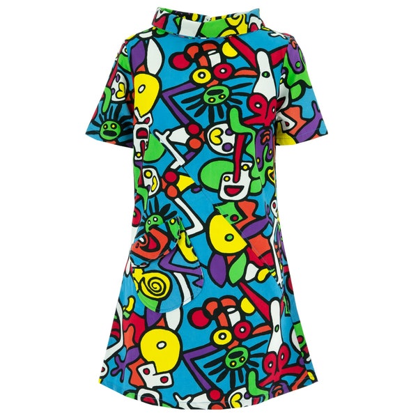 Ministry of Colour Tiffy Blue Cotton Sixties Short Shift Dress Bold Print Abstract Pattern Limited Edition Ladies Women