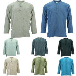 Cotton Grandad Collar Shirt Lightweight Kurta Plain Striped Mens Collarless Long Sleeve Regular fit with Buttons Pocket