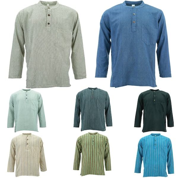 Cotton Grandad Collar Shirt Lightweight Kurta Plain Striped Mens Collarless Long Sleeve Regular fit with Buttons Pocket