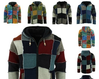 Hand Knitted Patchwork Wool Jacket Hooded Chunky Knit Cardigan Warm Fleece Lined Ethnic Hoodie Nepal Winter Woolly Zip Men Women