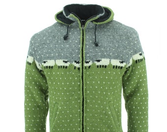 Cardigan en laine tricoté à la main Doublé de polaire chaude Mouton gris vert Sweat à capuche Chunky Knit Animal Jacket Woolly Winter Zip Coat Capuche amovible