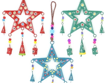 Hand Painted Metal Hanging Mobile Star Decoration Beaded String Indian Dangling Bells Ethnic Boho Door Wall Decor Red Green Teal Blue