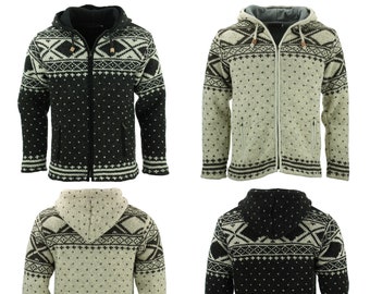 Hand Knitted Fairisle Wool Cardigan Hooded Chunky Knit Zip Jacket Warm Fleece Lined Grey Black Cream Hoodie Nepal Thick Woolly Zip Men Women