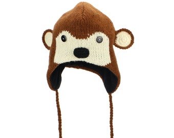 Hand Knitted Wool Monkey Animal Hat Lined Warm Woolly Winter Men Ladies Tassels Earflap Fleece Lining