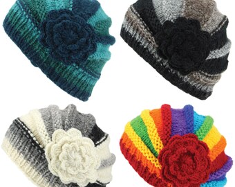 Ladies Chunky Wool Knit Shell Shaped Beanie Hat with Flower Hand Knitted Fleece Lined Warm Woolly Winter Lining