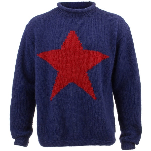 Handmade Wool Jumper Knitted Star Loose Chunky 100% Wool Knit Rolled Crew Neck Sweater Roll Navy Red