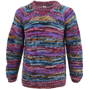 Handmade Pink Multicoloured Wool Jumper Knitted Raglan Sleeve Loose Chunky Warm 100% Wool Knit Pullover Rolled Crew Neck Sweater