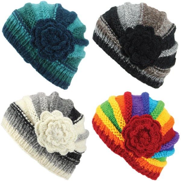 Ladies Chunky Wool Knit Shell Shaped Beanie Hat with Flower Hand Knitted Fleece Lined Warm Woolly Winter Lining