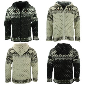 Hand Knitted Fairisle Wool Cardigan Hooded Chunky Knit Zip Jacket Warm Fleece Lined Grey Black Cream Hoodie Nepal Thick Woolly Zip Men Women