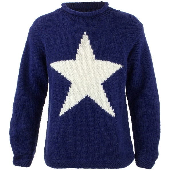 Handmade Wool Jumper Knitted Star Loose Chunky 100% Wool Knit Rolled Crew Neck Sweater Roll Navy Cream