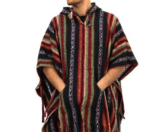 Black Red Poncho 100% Woven Cotton Gheri Mexican Style Hooded