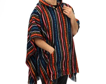 Blau Rot Poncho 100% gewebte Baumwolle Gheri mexikanischen Stil mit Kapuze