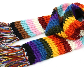 Hand Knitted Wool Scarf Stripe Progress Rainbow Pattern Thick Warm Chunky Knit Winter Fringe Tassel Cosy Long