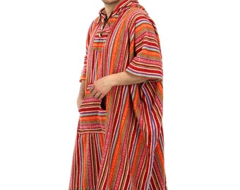 Blood Orange Long Poncho 100% Woven Cotton Gheri Mexican Style Hooded