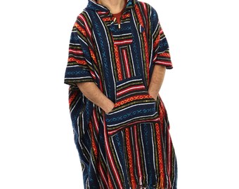 Blau Rot Lange Poncho 100% gewebte Baumwolle Gheri mexikanischen Stil mit Kapuze